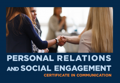 a photo of two people shaking hands, with the words: " Personal Relations and Social Engagement"
